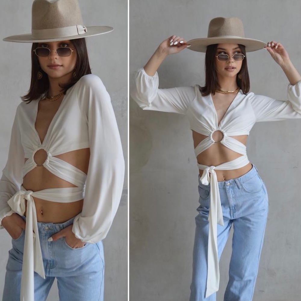 Sabrinne Long Sleeve White Crop Top